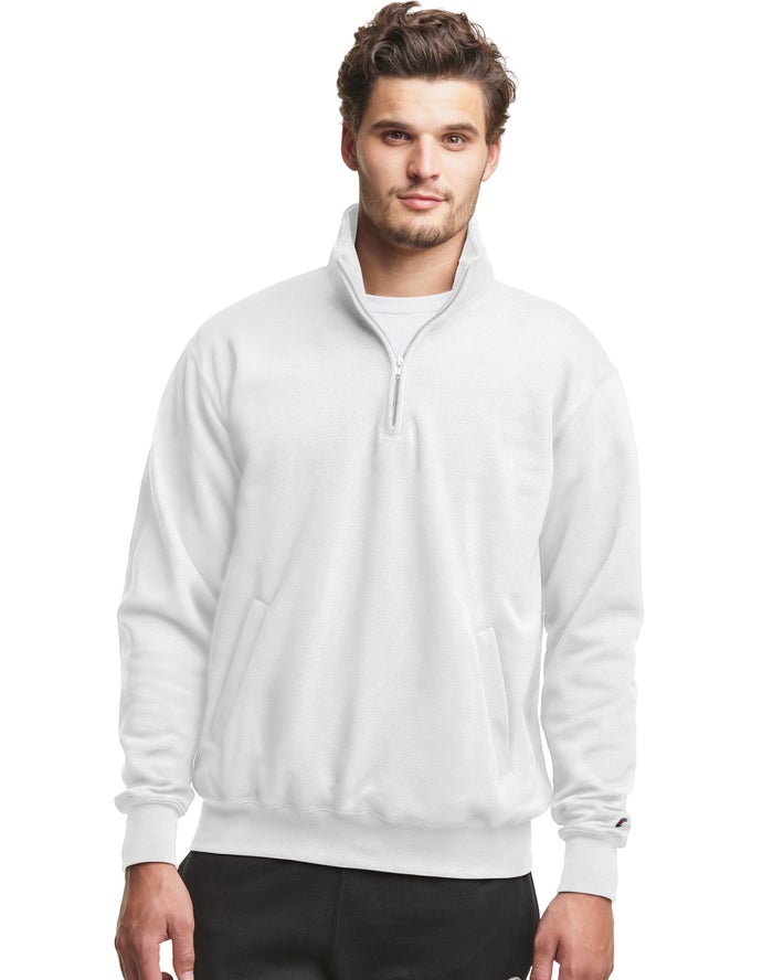 Champion Herre Sweatshirt Hvide - Powerblend Fleece 1/4 Zip With Pockets - Danmark CGU-403182